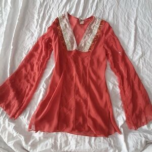 Natali orange sequin lace Y2K 90S bohemian Festival sheer small top